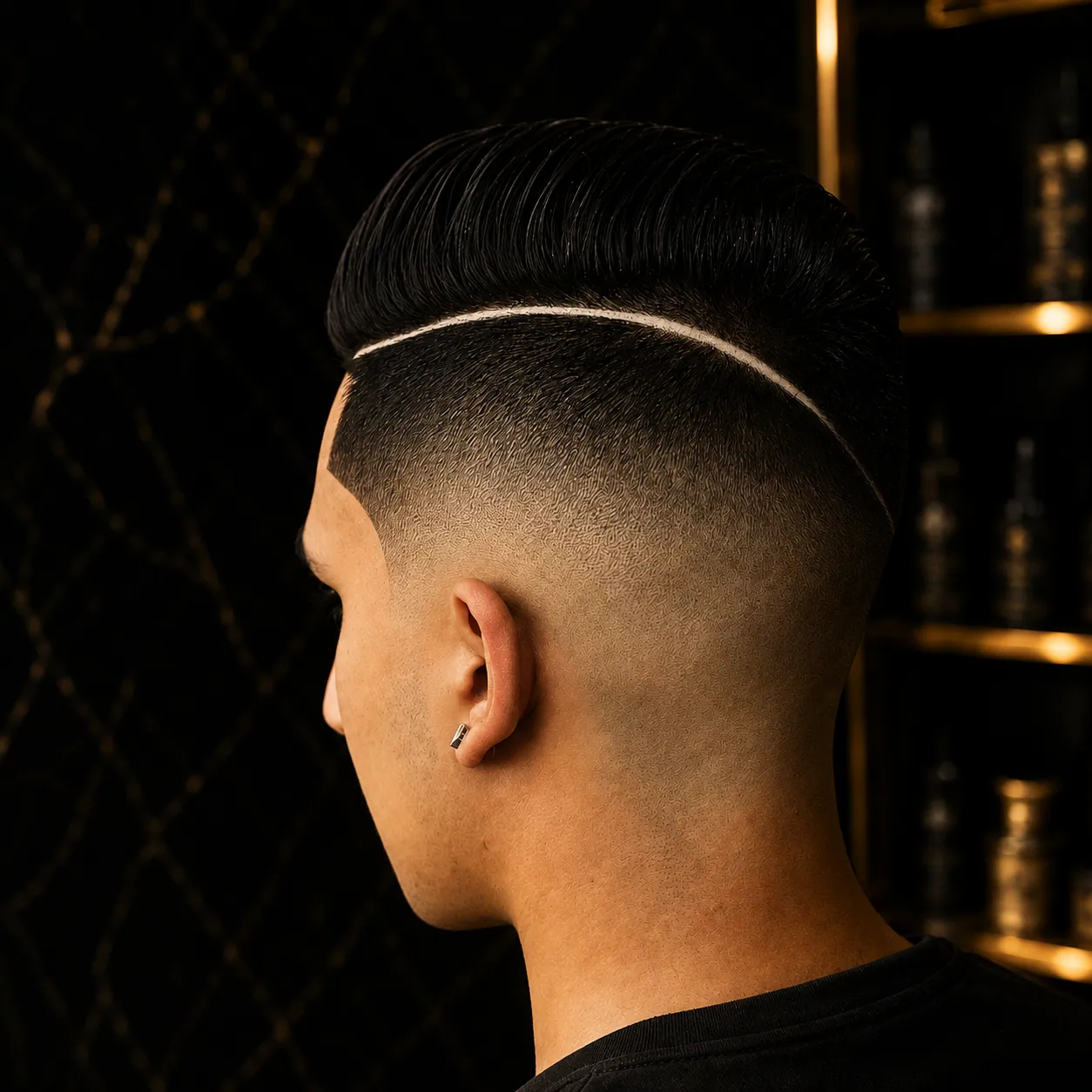 Pompadour con raya y skin fade